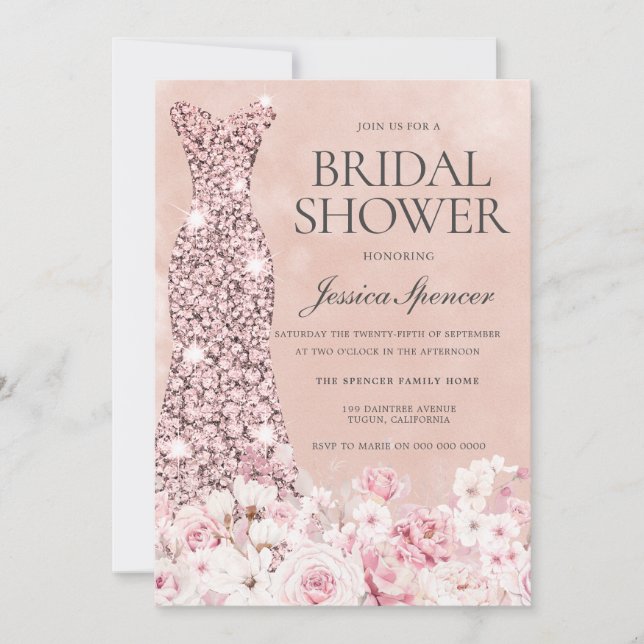 Invitation Rose Gold & Blush Pink Floral Fête des mariées Inv (Devant)