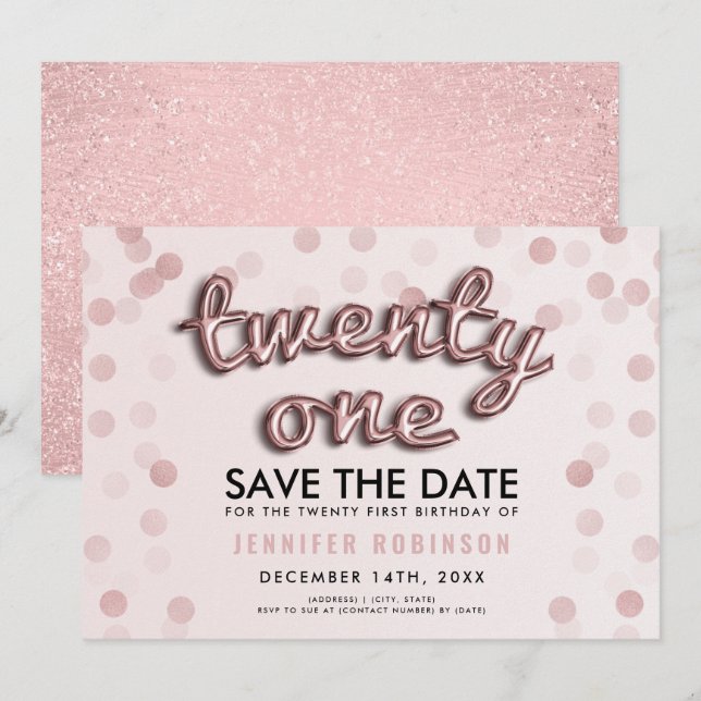 Invitation Rose Gold Blush Pink Parties scintillant 21e anniv (Devant / Derrière)