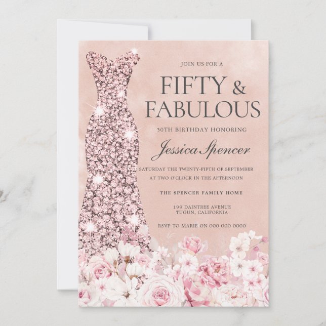 Invitation Rose Gold Blush rose Floral Fabuleux 50e anniversa (Devant)