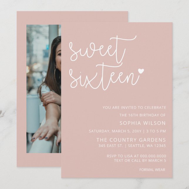 Invitation Rose Gold Blush Script Sweet 16 Anniversaire Photo (Devant / Derrière)