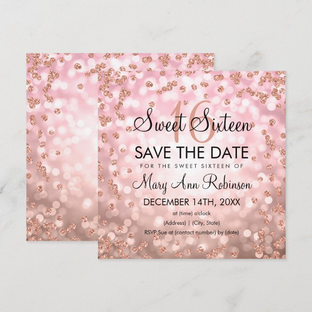 Invitation Rose Gold Blush Sweet 16 Seize Parties scintillant (Devant / Derrière)