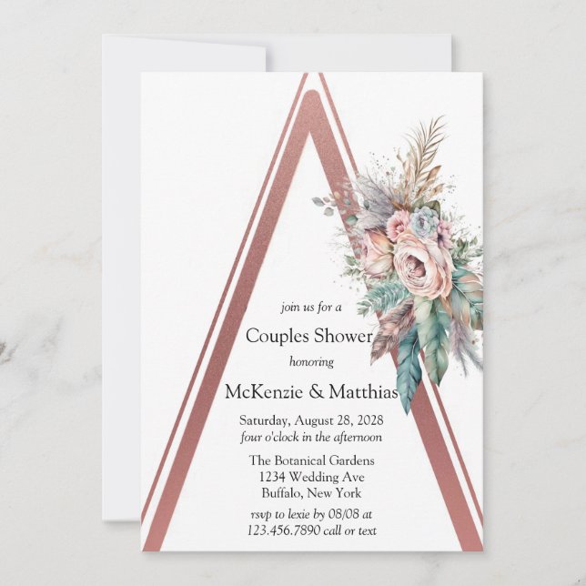 Invitation Rose Gold Boho Floral Feather Couples Douche (Devant)