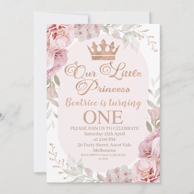 Invitation Rose Gold Boho Floral Princess Crown 1er anniversa (Devant)