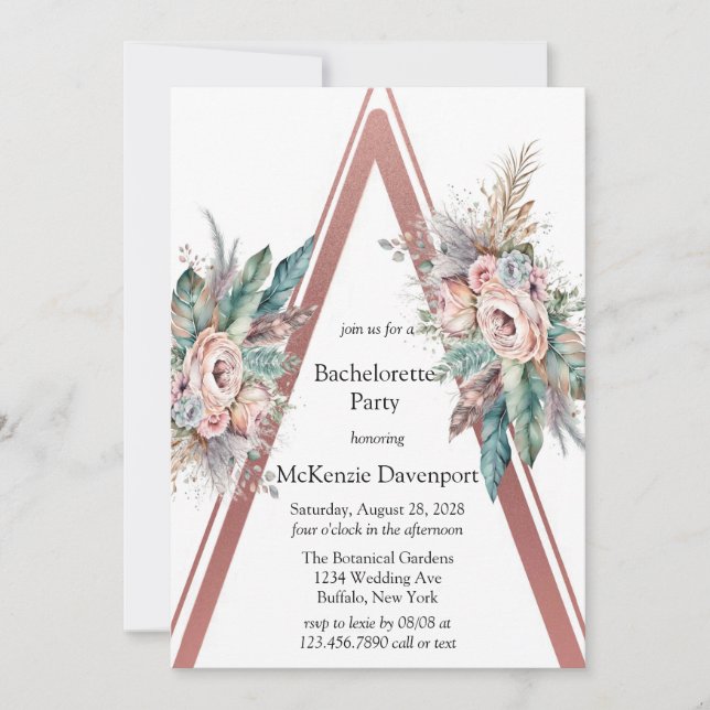 Invitation Rose Gold Boho Floral Triangle Bachelorette Party (Devant)
