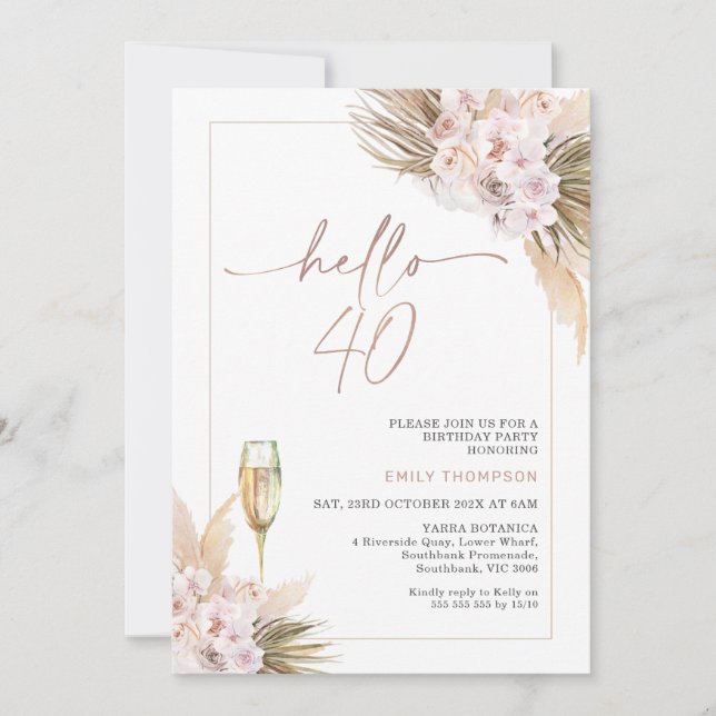 Invitation Rose Gold Boho sec Floral Pampas 40e anniversaire (Devant)