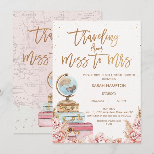 Invitation Rose Gold Boho Voyager Mlle à Mme Fête des mariées (Devant / Derrière)