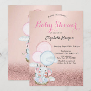 Invitation Rose Gold Bokeh, Elephant Air Balloon Baby shower