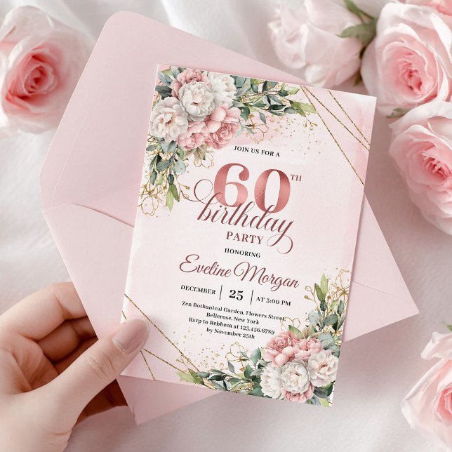 Invitation Rose Gold Botanical Greenery 60th Birthday Invites (Rose Gold Botanical Greenery 60th Birthday Invitation)