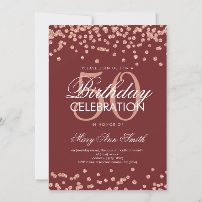 Invitation Rose Gold Bourgogne 50e anniversaire Parties scint (Devant)