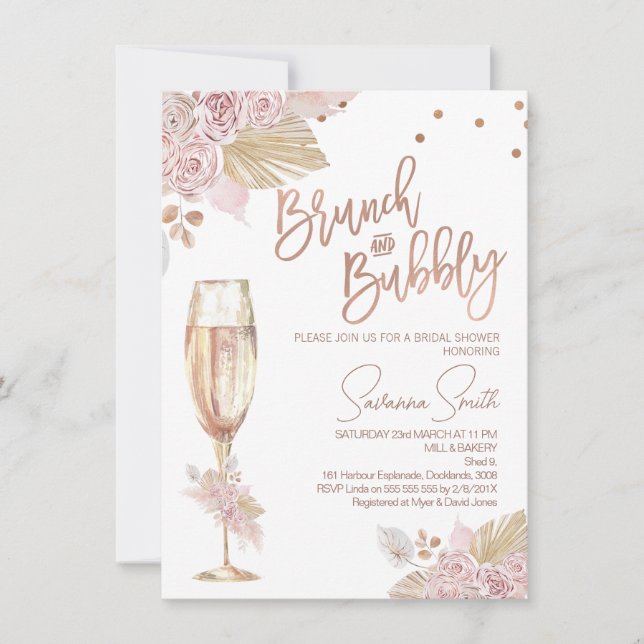 Invitation Rose Gold Brunch Bubbly Boho Roses Fête des mariée (Devant)