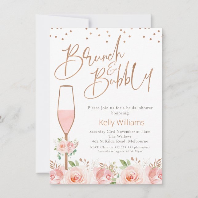 Invitation Rose Gold Brunch Bubbly Fête des mariées florale (Devant)