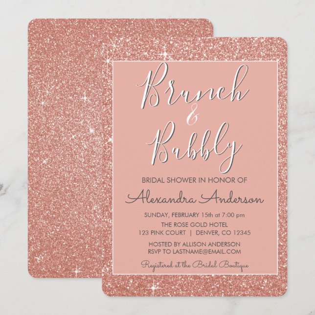 Invitation Rose Gold Brunch & Fête des mariées Bubbly (Devant / Derrière)
