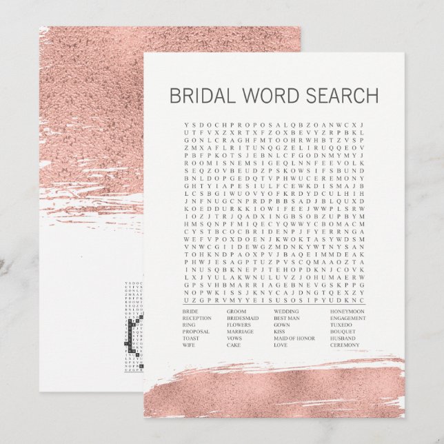 Invitation Rose Gold Brushstroke Brid Mot de recherche Jeu (Devant / Derrière)