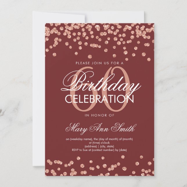 Invitation Rose Gold Burgundy 60e anniversaire Parties scinti (Devant)
