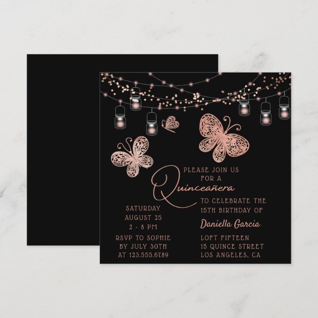 Invitation Rose Gold Butterfly Chic Modern Quinceañera (Devant / Derrière)
