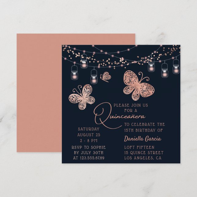 Invitation Rose Gold Butterfly Chic Modern Quinceañera (Devant / Derrière)