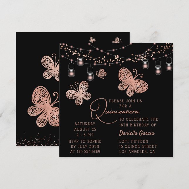Invitation Rose Gold Butterfly Chic Modern Quinceañera (Devant / Derrière)