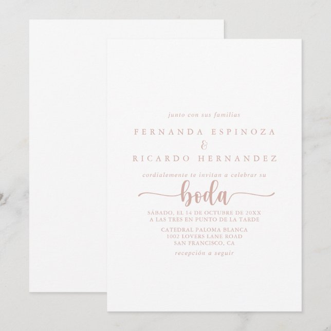 Invitation Rose Gold Calligraphie espagnol Mariage (Devant / Derrière)