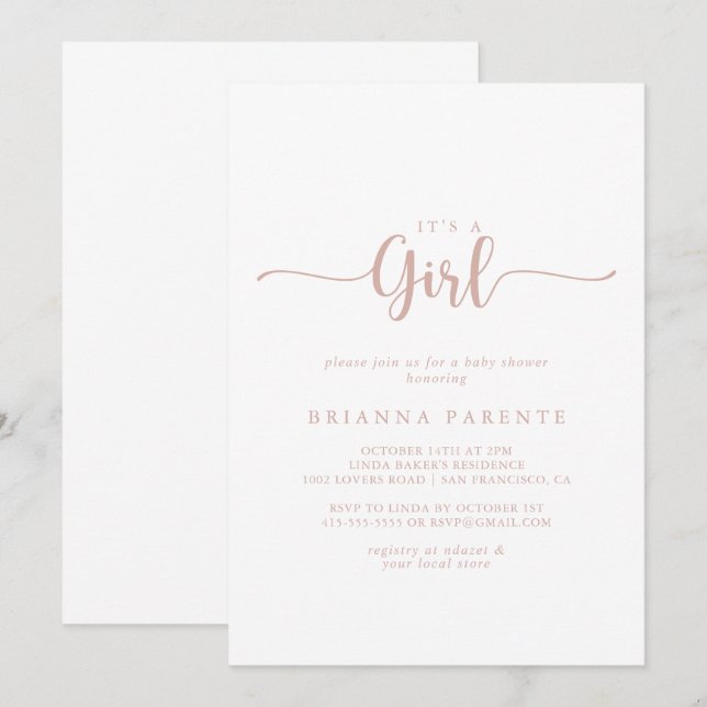 Invitation Rose Gold Calligraphy C'est un Baby shower de fill (Devant / Derrière)