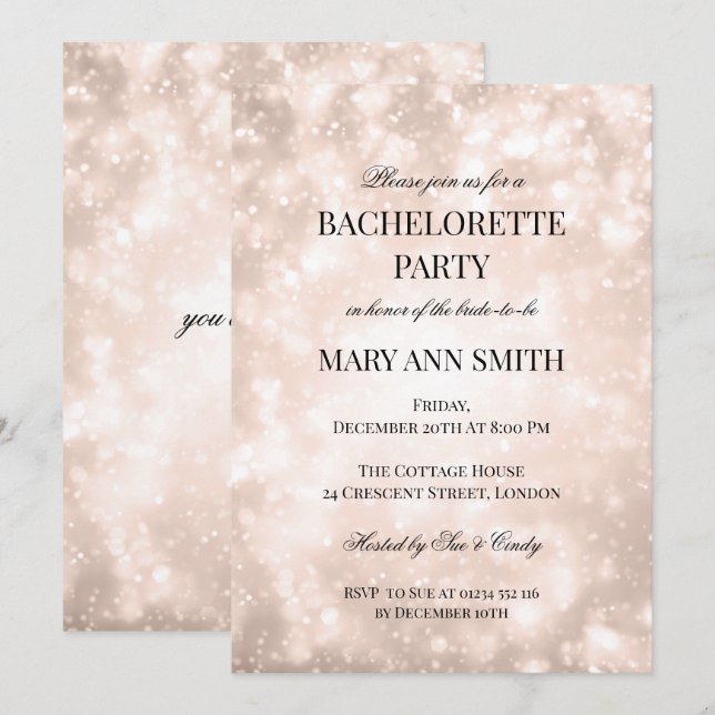 Invitation Rose Gold Champagne Bokeh Bachelorette Party (Devant / Derrière)