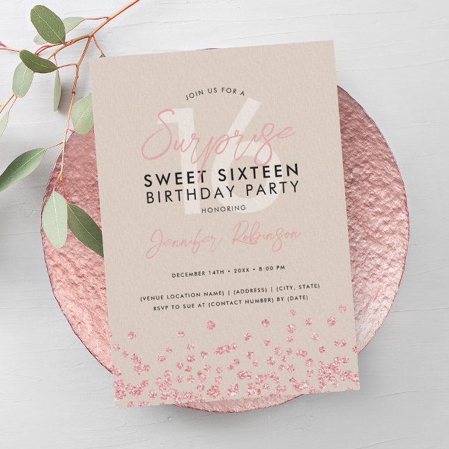 Invitation Rose Gold Champagne Parties scintillant Surprise S (Rose Gold Champagne Glitter Surprise Sweet 16 Invitation)