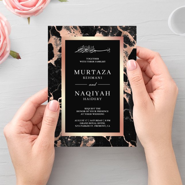 Invitation Rose Gold Charcoal Marbre noir Mariage musulman (Créateur téléchargé)