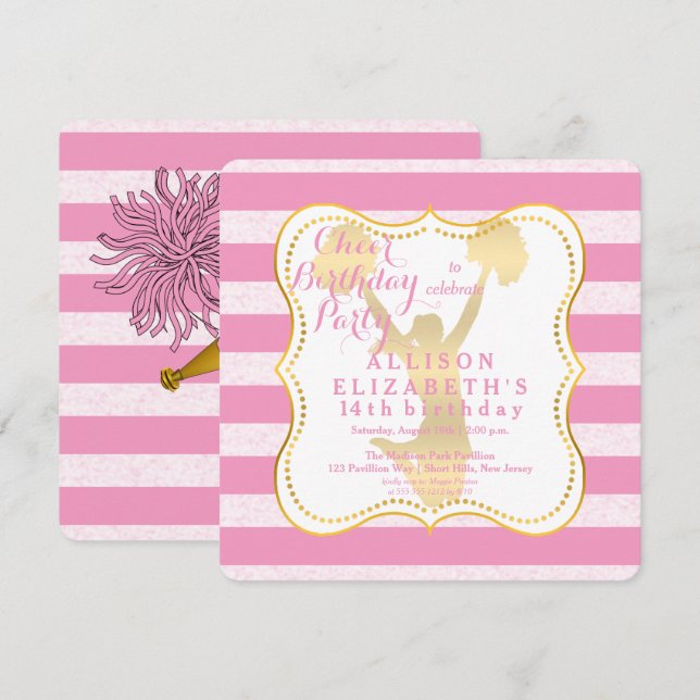 Invitation Rose | Gold Cheer Pom-pom girl fête d'anniversaire (Devant / Derrière)
