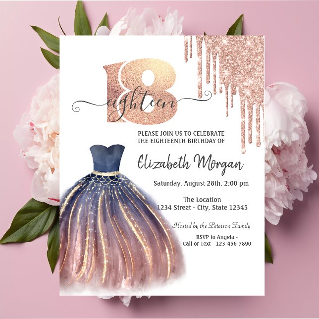 Invitation Rose Gold Chic Robe Argent 18e anniversaire (Créateur téléchargé)