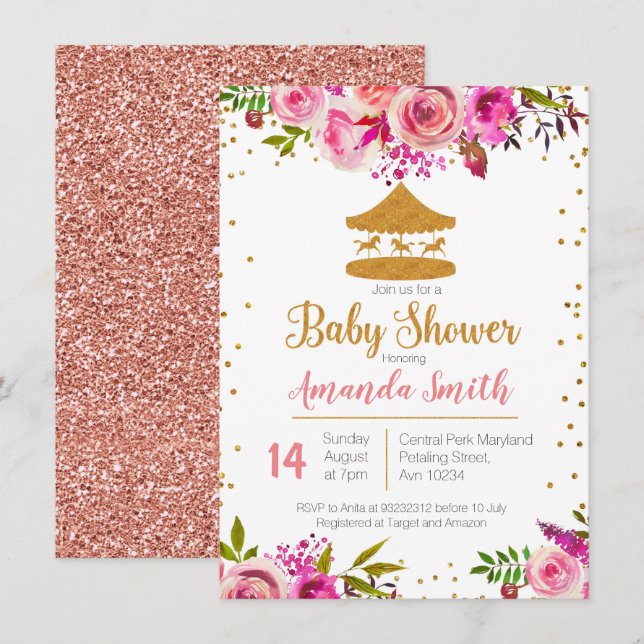 Invitation Rose Gold Circus baby shower (Devant / Derrière)