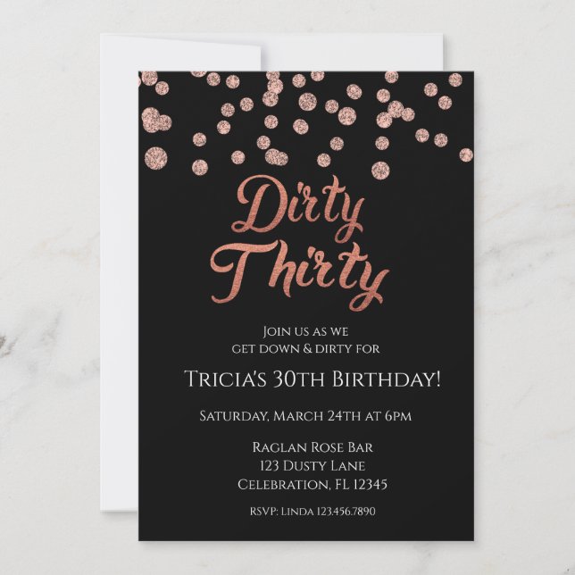 Invitation Rose Gold Confetti Pailleté Dirty 30 (Devant)