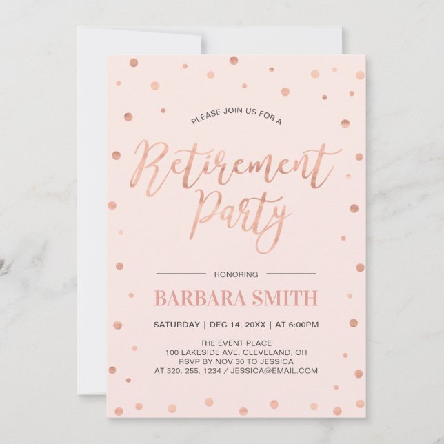 Invitation Rose Gold Confetti | Parti de la retraite moderne (Devant)