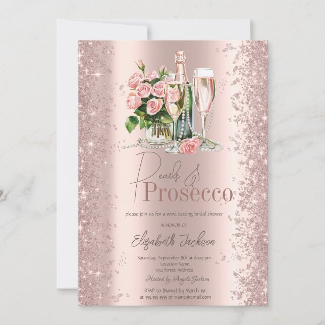 Invitation Rose Gold Confetti Pearls Prosecco Fête des mariée (Devant)