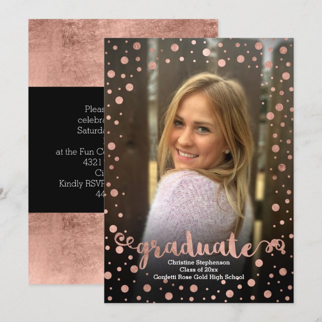 Invitation Rose Gold Confetti Photo Graduation (Devant / Derrière)