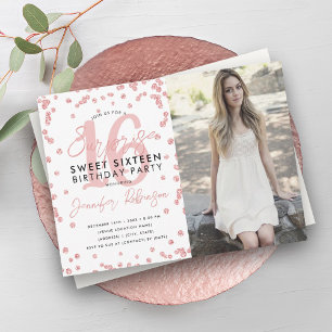 Invitation Rose Gold Confetti Photo Surprise Sweet 16