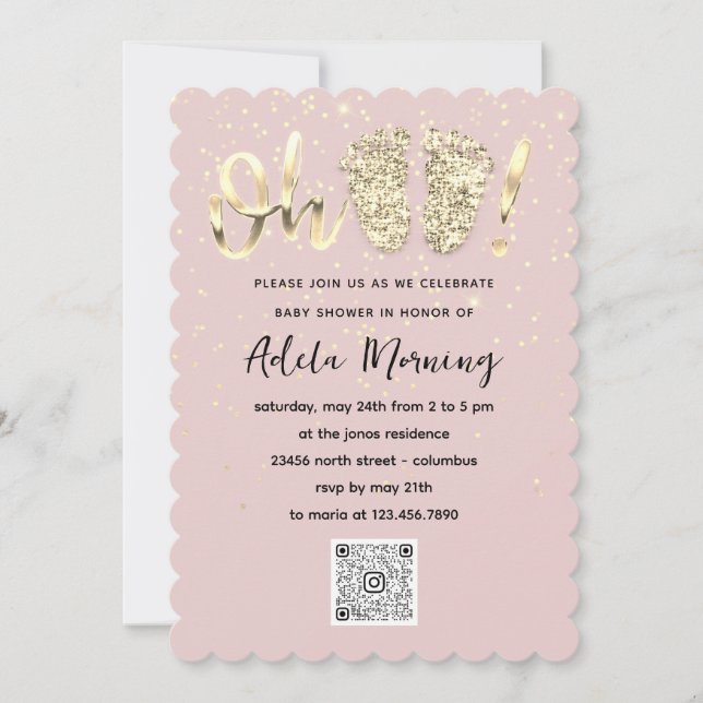 Invitation Rose Gold Confetti Pieds bébé fille QR CODE (Devant)
