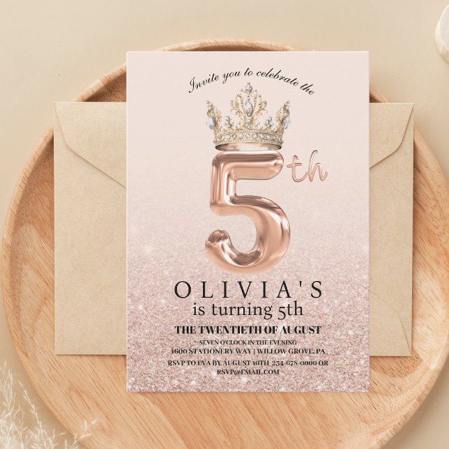Invitation Rose Gold Crown 5th Birthday Party (Créateur téléchargé)
