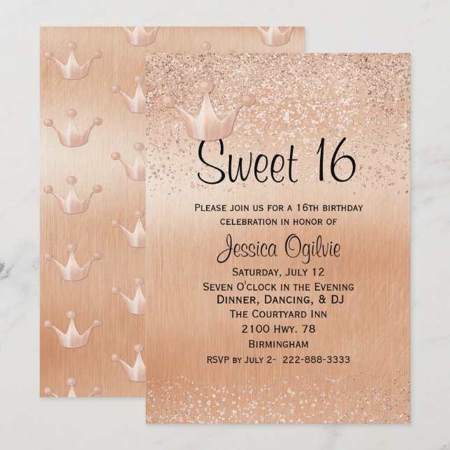Invitation Rose Gold Crown Gold Sweet 16 Anniversaire Invitat (Devant / Derrière)