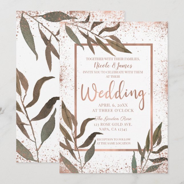 Invitation Rose Gold Cuivre Botanique Glam Mariage moderne (Devant / Derrière)