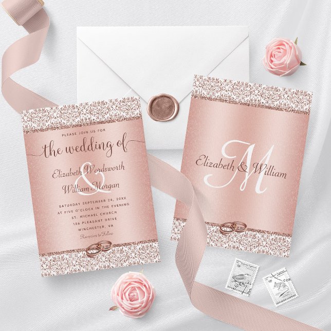 Invitation Rose Gold Damask Parties scintillant Monogramme Ma (Créateur téléchargé)
