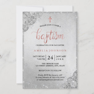 Invitation Rose Gold Diamond Dentelle  Croix Baptême