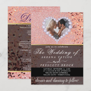 Invitation Rose Gold Diamond Heart Mariage photo personnalisé