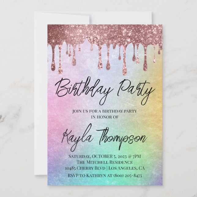 Invitation Rose Gold Drift Arc-en-ciel Anniversaire Fête Invi (Devant)