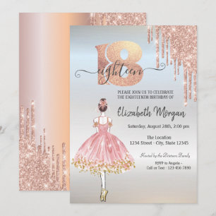 Invitation Rose Gold Drips Ballerina Argent 18e Anniversaire