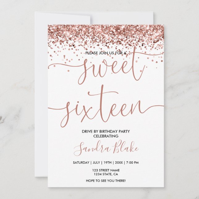 Invitation Rose Gold Drips Girly Modern Drive par Sweet 16 (Devant)