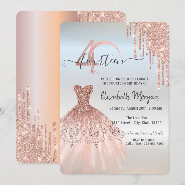 Invitation Rose Gold Drips Robe Argent 40e anniversaire (Devant / Derrière)