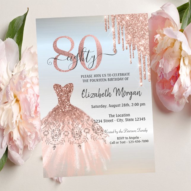 Invitation Rose Gold Drips Robe Argent 80e anniversaire (Créateur téléchargé)