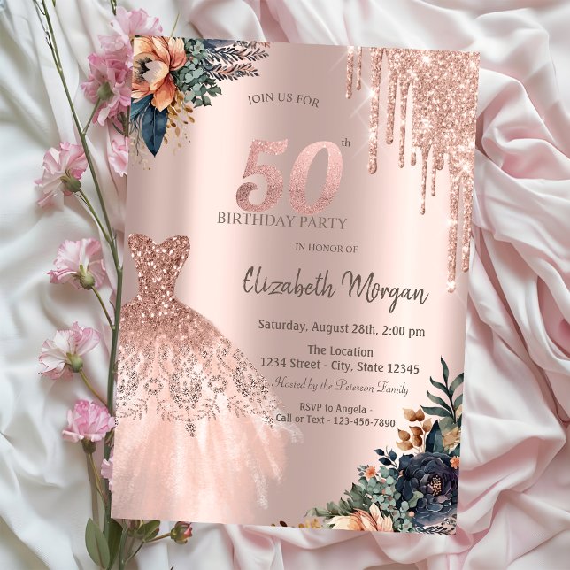 Invitation Rose Gold Drips Robe Moody Flowers 50e anniversair (Créateur téléchargé)