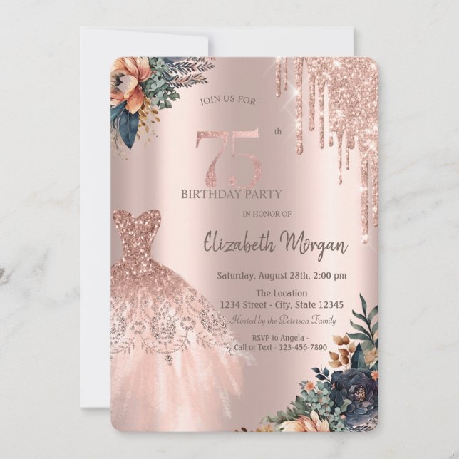 Invitation Rose Gold Drips Robe Moody Flowers 75e anniversair (Devant)