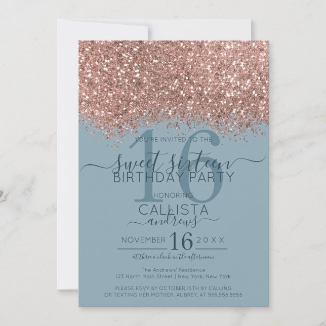 Invitation Rose Gold Dusty Blue Parties scintillant Confetti  (Devant)
