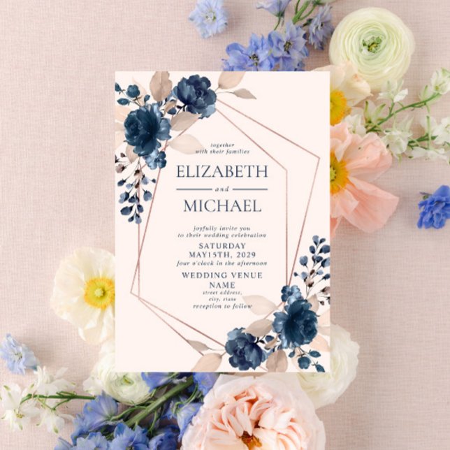 Invitation Rose Gold Dusty rose marine bleu géométrique Flora (Créateur téléchargé)